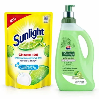 Combo Nước rửa chén Sunlight hương chanh túi 750g + Nước lau sàn sả chanh Botany chai 1.25L