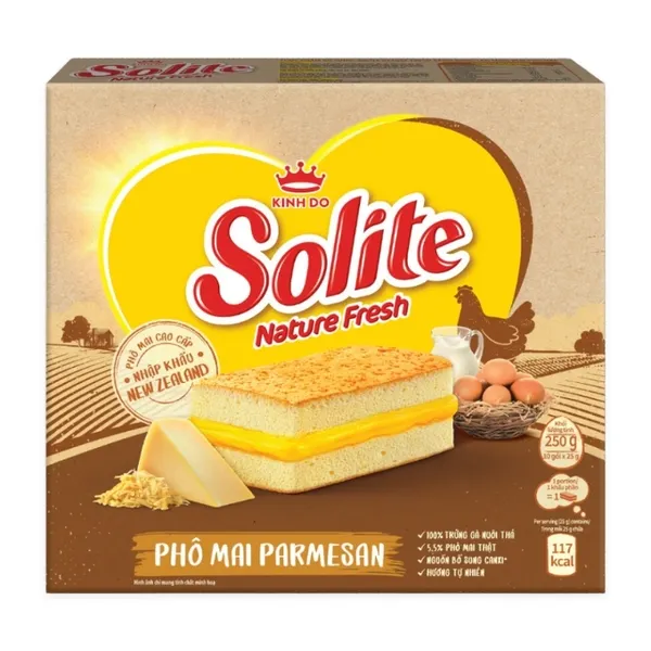 Bánh bông lan Nature Fresh tầng kem phô mai Solite hộp 250g (10 gói x 25g)