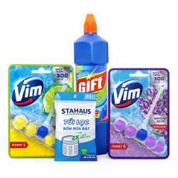 Combo vệ sinh: Viên vệ sinh bồn cầu Vim hương chanh và Lavender 50g, túi lọc bồn rửa bát Stahaus 100 cái, nước tẩy rửa nhà tắm Gift 900ml