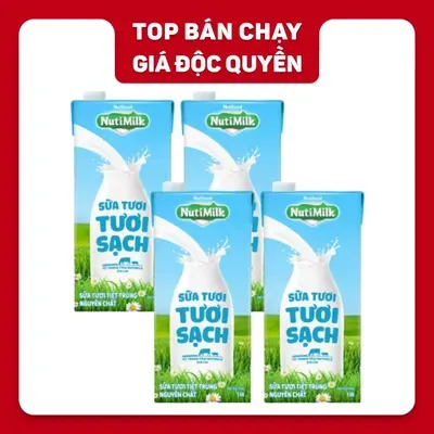 Combo 4 hộp sữa tươi tươi sạch Nuti không đường 1L