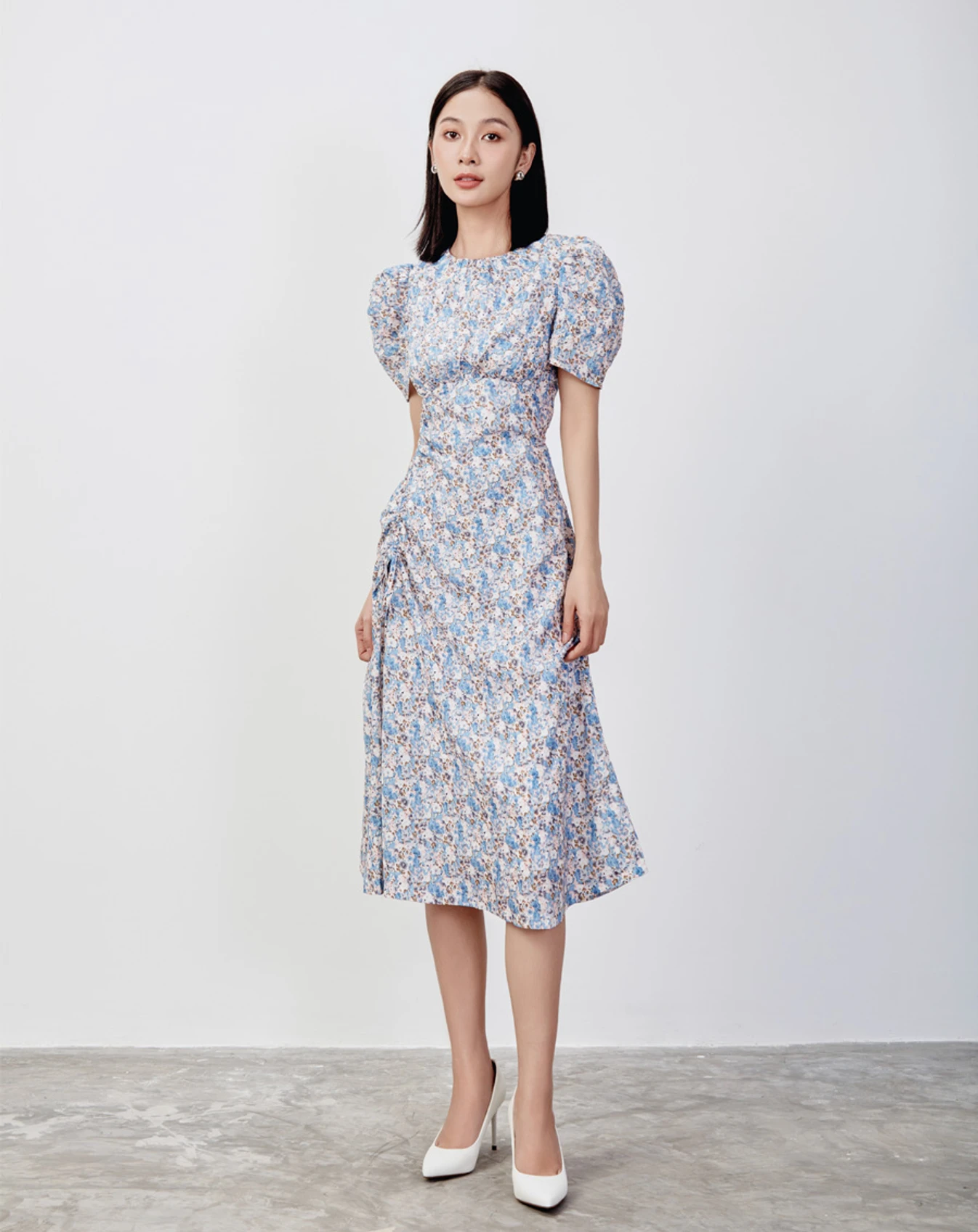 Đầm lửng rút nhún in hoa - Image 1