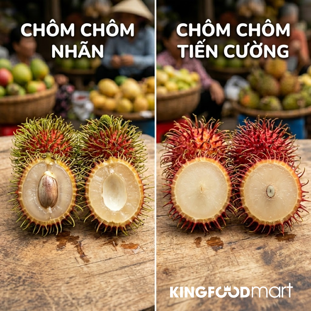 So sánh chôm chôm nhãn và chôm chôm Tiến Cường cắt đôi để thấy rõ sự khác biệt rõ rệt về cùi dày, hạt và màu sắc giữa các giống chôm chôm phổ biến. 