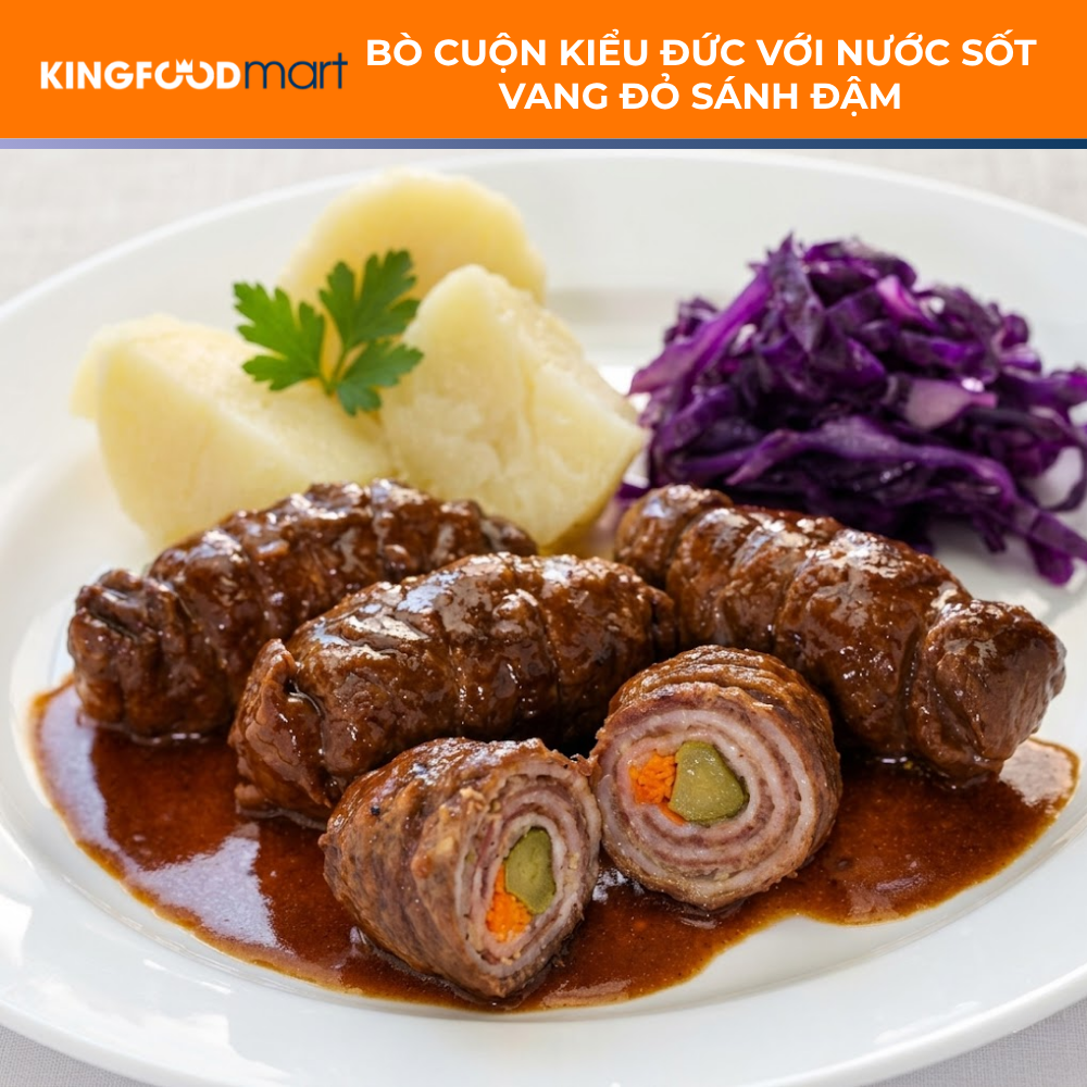 Bò cuộn kiểu Đức với nước sốt vang đỏ sánh đậm theo truyền thống Rinderroulade.
