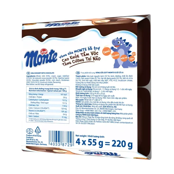 Váng sữa chocolate Monte vỉ 4 hộp x 55g