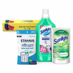Combo bếp an tâm: nước rửa chén Sunlight 720g, nước lau sàn Sunlight 1kg, túi lọc bồn rửa bát Stahaus 100 cái, màng bọc thực phẩm PE 30cmx50cm
