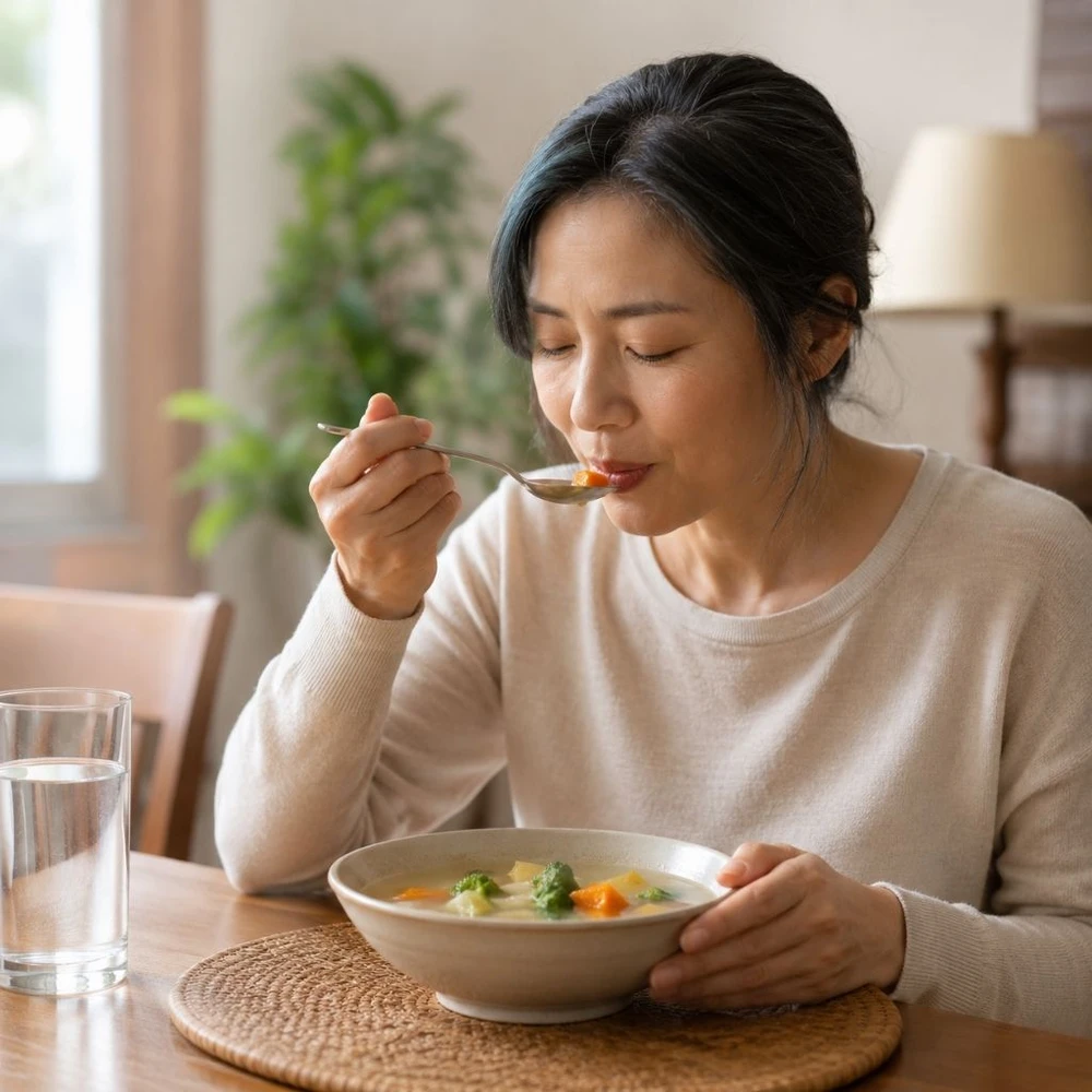Ăn chậm, nhai kỹ giúp phát huy tối đa lợi ích của món ăn mềm dễ tiêu. (Ảnh được tạo bởi AI)