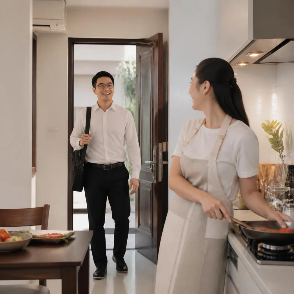 Nguyên tắc phân chia việc nấu ăn công bằng khi vợ chồng đều đi làm dựa trên lịch làm việc, năng lượng và khả năng thực tế. (Ảnh được tạo bởi AI)