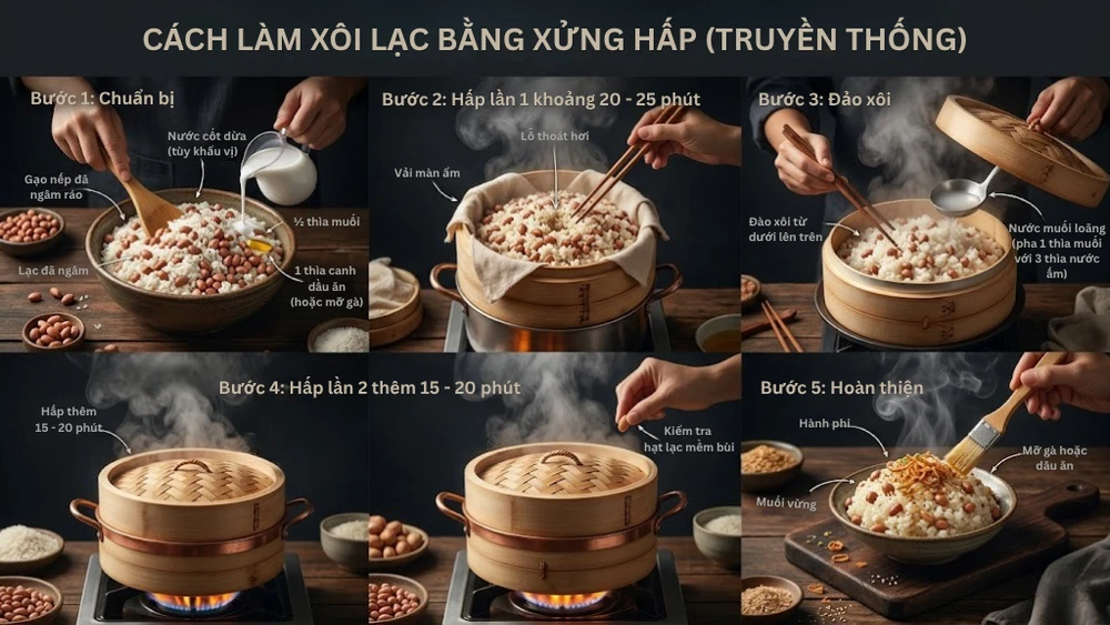 Từng bước cách làm xôi lạc bằng xửng hấp truyền thống để có đĩa xôi lạc dẻo thơm, hạt lạc bùi ngậy hoàn hảo. 