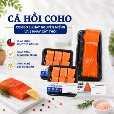 Combo 400g phi lê cá hồi Coho Chile: 2 khay thỏi 100g và 1 khay nguyên miếng 200g