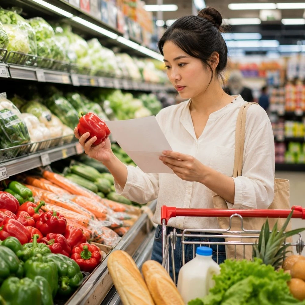 Người nội trợ cầm danh sách đi chợ, mua sắm thực phẩm tiết kiệm cho gia đình đông người. (Ảnh được tạo bởi AI)