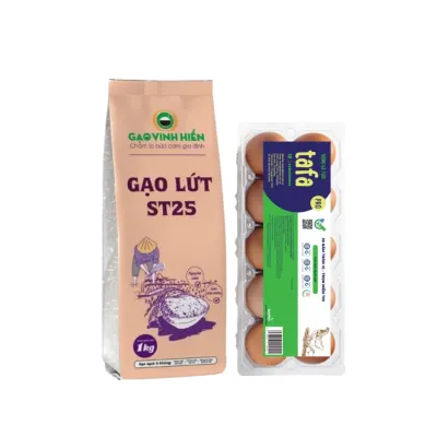 Combo healthy: gạo lứt ST25 1kg và hộp 10 trứng gà sạch Pro Tafa