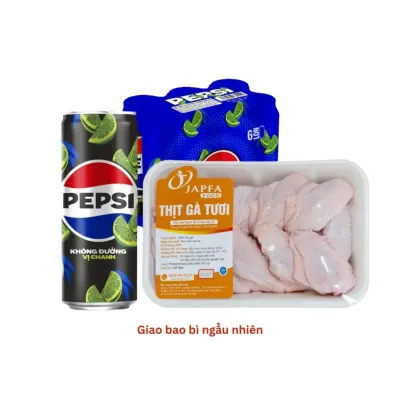 Combo cánh gà chiên giòn và Pepsi: cánh giữa Japfa 500g và lốc nước ngọt vị chanh zero calo Pepsi