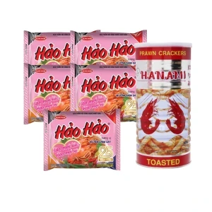 Combo chill đêm: 5 gói mì Hảo Hảo và 1 lon snack tôm