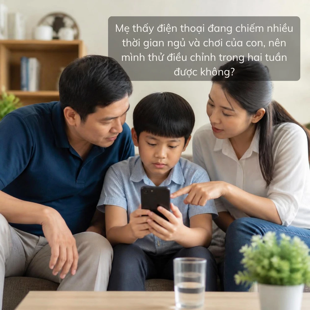 Cha mẹ đang nhẹ nhàng trò chuyện và hướng dẫn con quản lý thời gian sử dụng điện thoại. (Ảnh được tạo bởi AI)