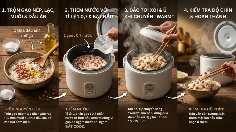 Từng bước cách làm xôi lạc bằng nồi cơm điện tiện lợi để có đĩa xôi lạc dẻo thơm, hạt lạc bùi ngậy.