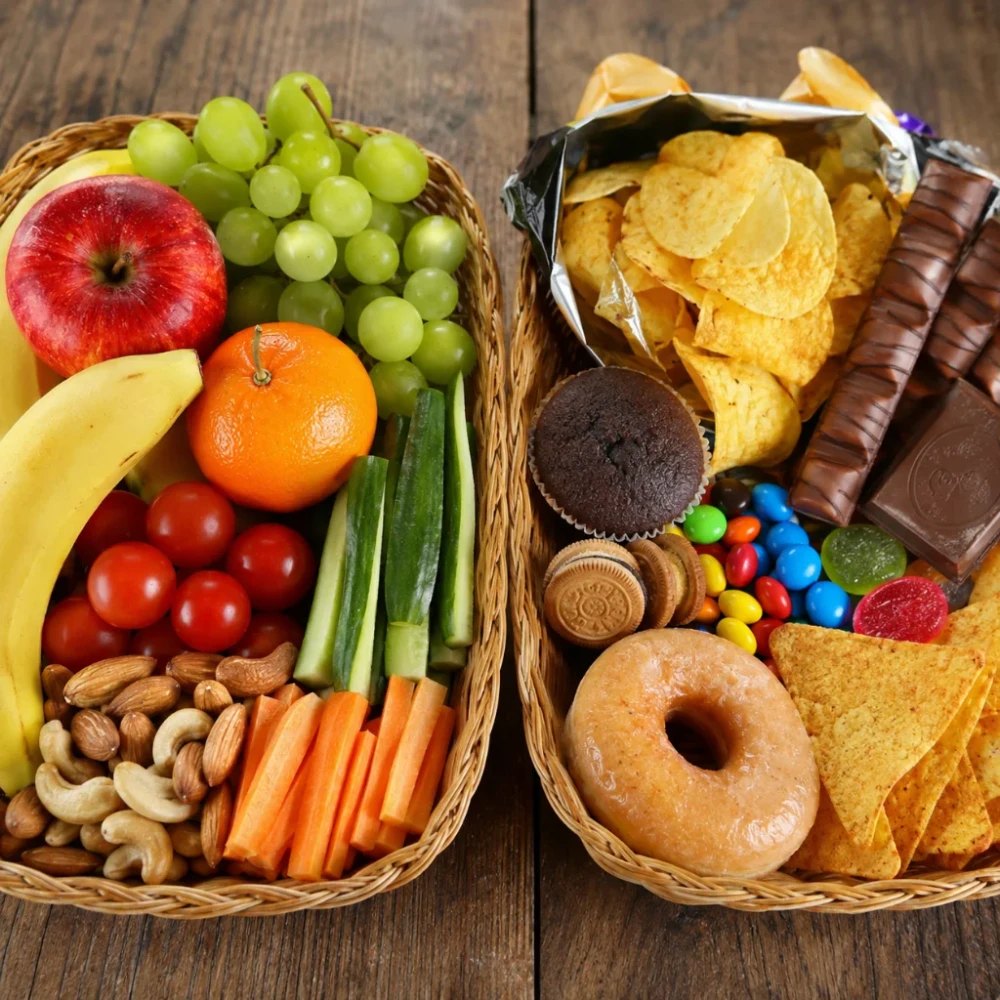 So sánh đồ ăn vặt lành mạnh và không lành mạnh dành cho trẻ học sinh. (Ảnh được tạo bởi AI)