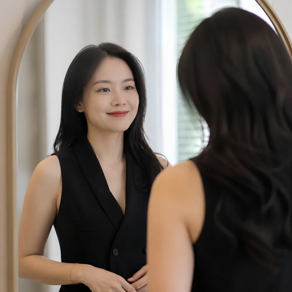 Mẹ đơn thân nhìn về phía trước với ánh mắt tự tin, sẵn sàng đón nhận mối quan hệ mới. (Ảnh được tạo bởi AI)