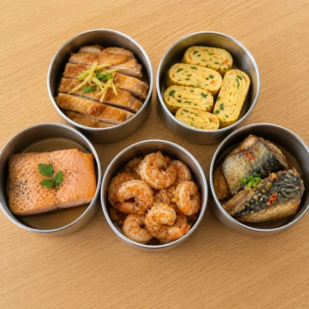 Nguồn đạm đa dạng trong hộp cơm cho bé đến trường  giúp  hỗ trợ phát triển cơ và não bộ. (Ảnh được tạo bởi AI)
