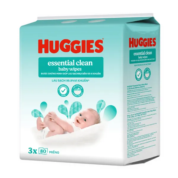 Lốc 3 gói khăn ướt em bé Huggies Essential Clean 80 miếng