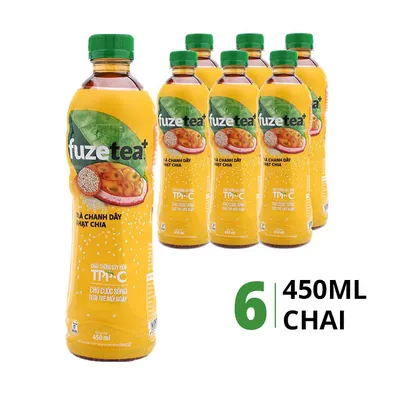 Lốc 6 chai trà Fuze Tea+ hương chanh dây và hạt chia 450ml