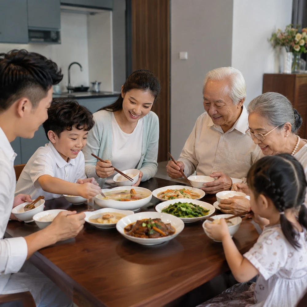 Thực đơn cho ông bà và trẻ nhỏ cần cân bằng giữa món mềm dễ tiêu và đủ dinh dưỡng. (Ảnh được tạo bởi AI)