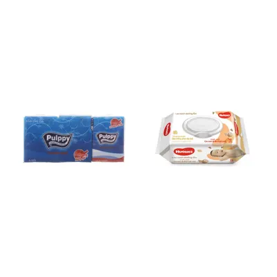 Combo Lốc 6 gói khăn giấy Pulppy bỏ túi hương quế + Khăn ướt lau sạch dưỡng ẩm Huggies gói 72 miếng