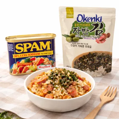 Combo nguyên liệu trộn cơm: Thịt hộp Hormel 340g và rong biển oliu BBQ Okenki 43g