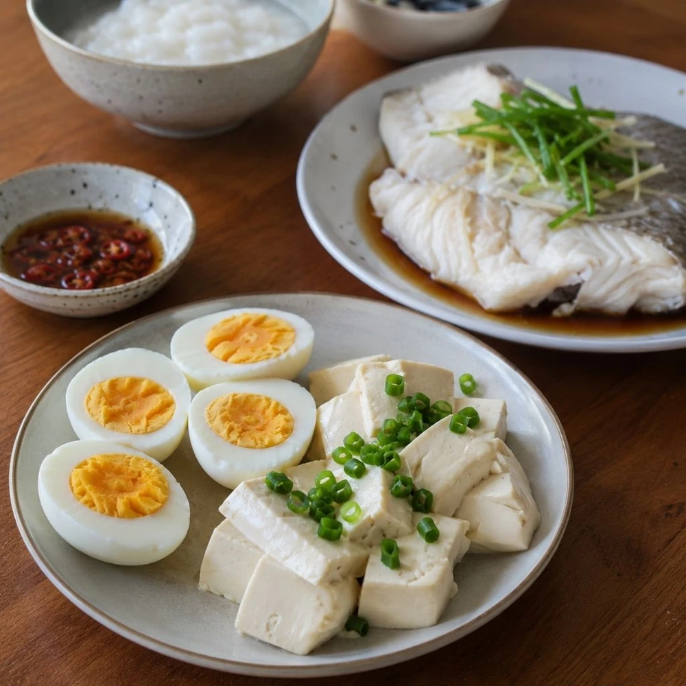 Đạm lành tính từ trứng, cá và đậu hũ hỗ trợ phục hồi mà vẫn dễ tiêu. (Ảnh được tạo bởi AI)