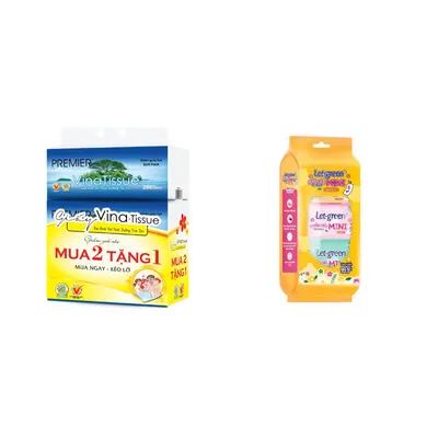 Combo Lốc khăn giấy rút Vinatissue Premier 280 tờ 2 lớp 500g + Lốc 6 gói khăn ướt Let-green mini