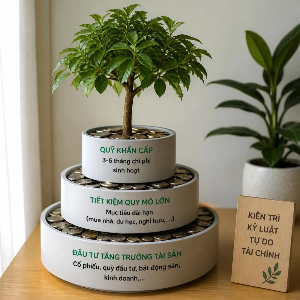 Xây dựng quỹ khẩn cấp trước, sau đó là các mục tiêu lớn và đầu tư sinh lời bền vững. (Ảnh được tạo bởi AI) 
