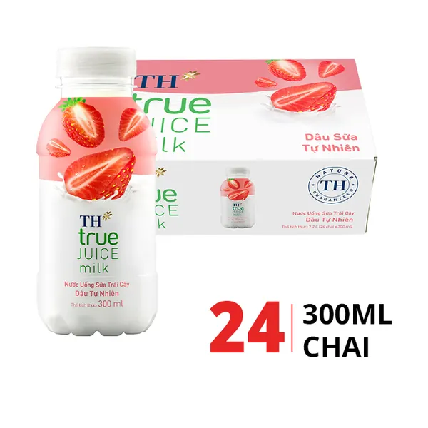 Thùng 24 chai nước uống sữa trái cây TH True Juice Milk hương dâu 300ml