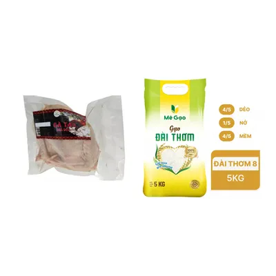 Combo Gà ta thả đồi nửa con (không đầu, cổ) Tam Nông túi 590-750g + Gạo đài thơm Mê Gạo túi 5kg