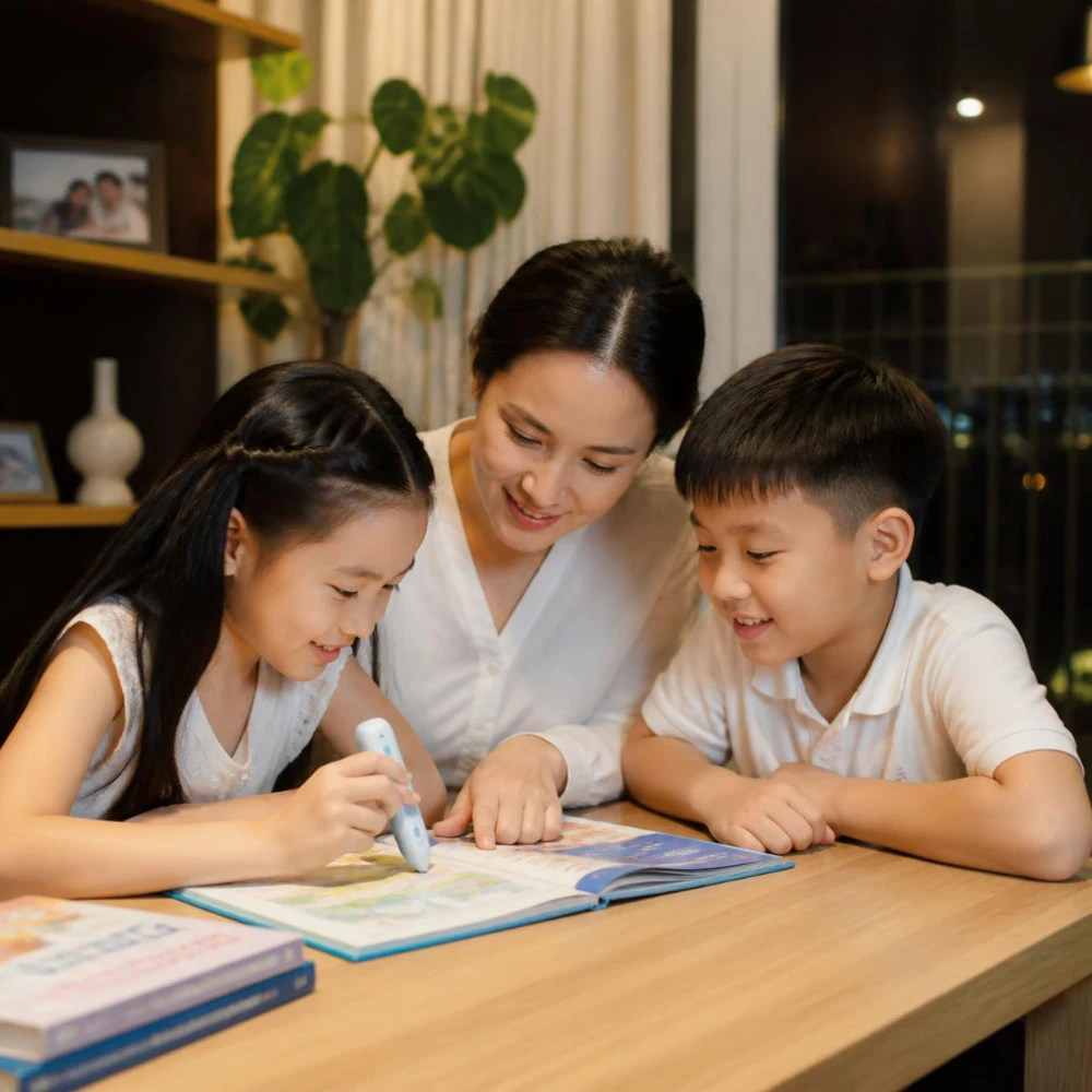 Cha mẹ cùng con ngồi học vui vẻ qua sách tương tác thông minh tại nhà vào buổi tối. (Ảnh được tạo bởi AI) 
