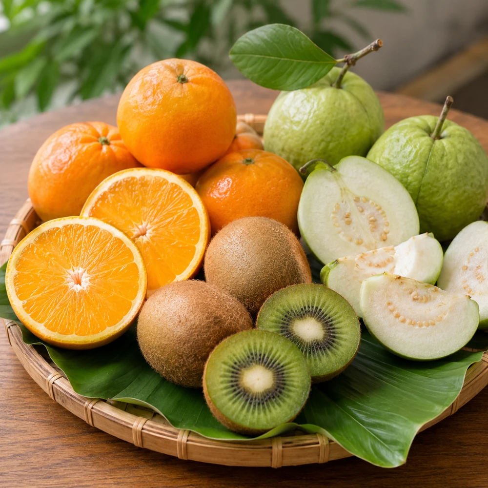 Các loại trái cây tươi giàu vitamin C giúp tăng tiểu cầu tự nhiên. (Ảnh được tạo bởi AI)
