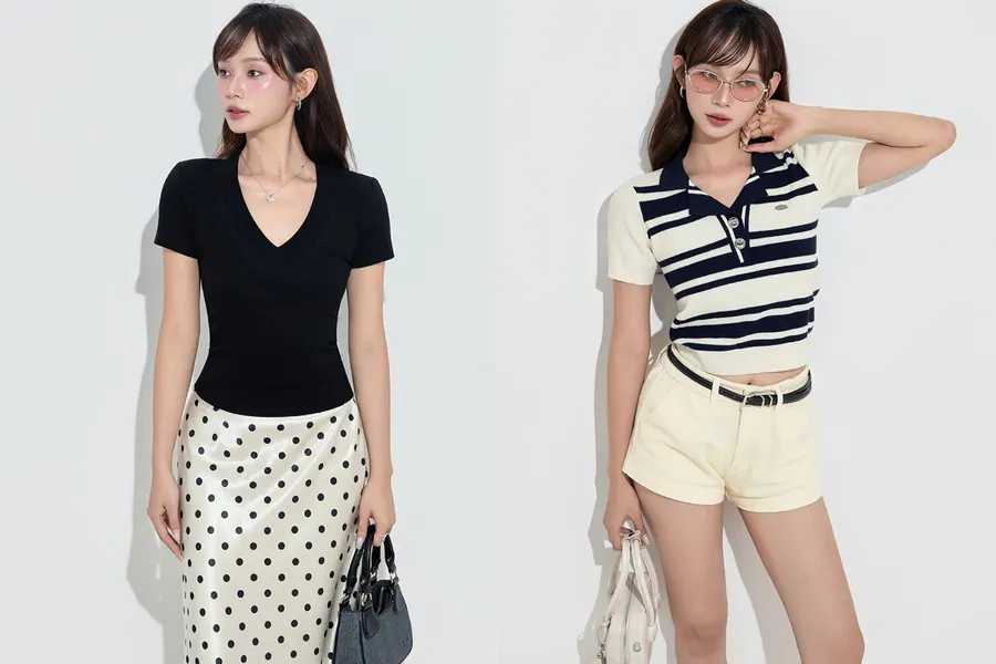 Áo Thun Cổ Tim Tôn Vai Và Polo Dệt Kim Tạo Nét Trẻ Trung