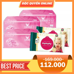 Combo 3 khăn giấy rút Bless You 250 tờ và 2 Khăn giấy ướt không mùi Mamamy 100 tờ
