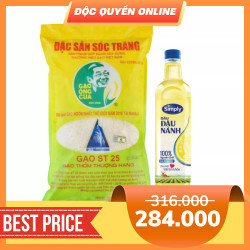 Combo gạo ST25 đặc sản Sóc Trắng túi 5kg và dầu đậu nành Simply 1L