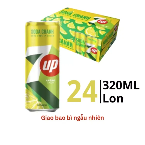 Thùng 24 lon nước ngọt 7 Up vị soda chanh không calo 320ml
