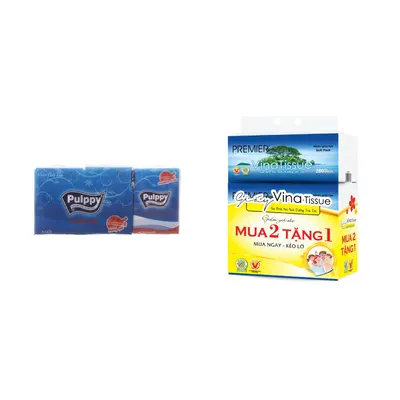 Combo Lốc 6 gói khăn giấy Pulppy bỏ túi hương quế + Lốc khăn giấy rút Vinatissue Premier 280 tờ 2 lớp 500g