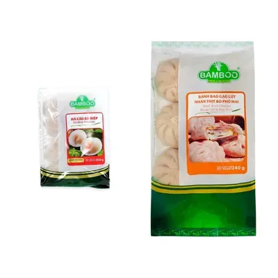 Combo Há cảo sò điệp Bamboo gói 300g + Bánh bao gạo lứt nhân thịt bò phô mai Bamboo gói 240g