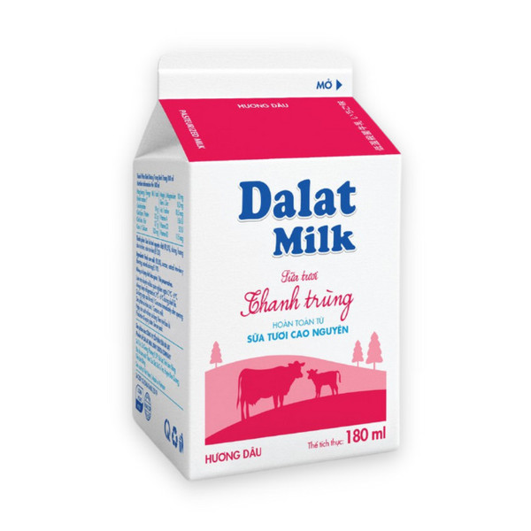 Sữa tươi thanh trùng hương dâu Đalat Milk hộp 180ml