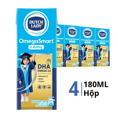 Lốc 4 hộp sữa tươi tiệt trùng Omegasmart Dutch Lady ít đường 180ml