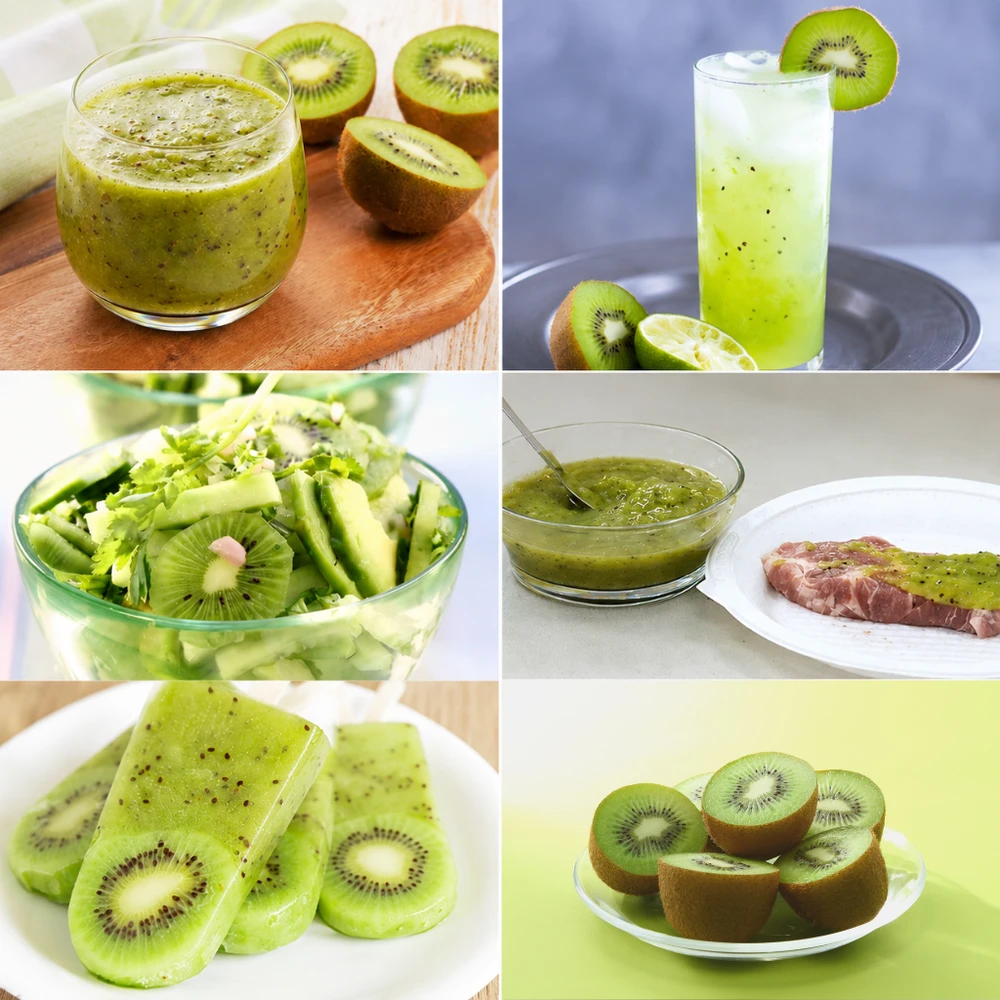 Các món ăn ngon từ trái kiwi gồm sinh tố salad và kiwi tươi.