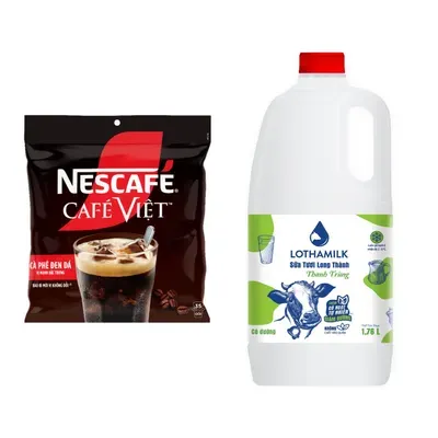 Combo Cappuccino: Cà phê hòa tan đen đá 2in1 Nescafeói x + Sữa thanh trùng có đường Lothamilk