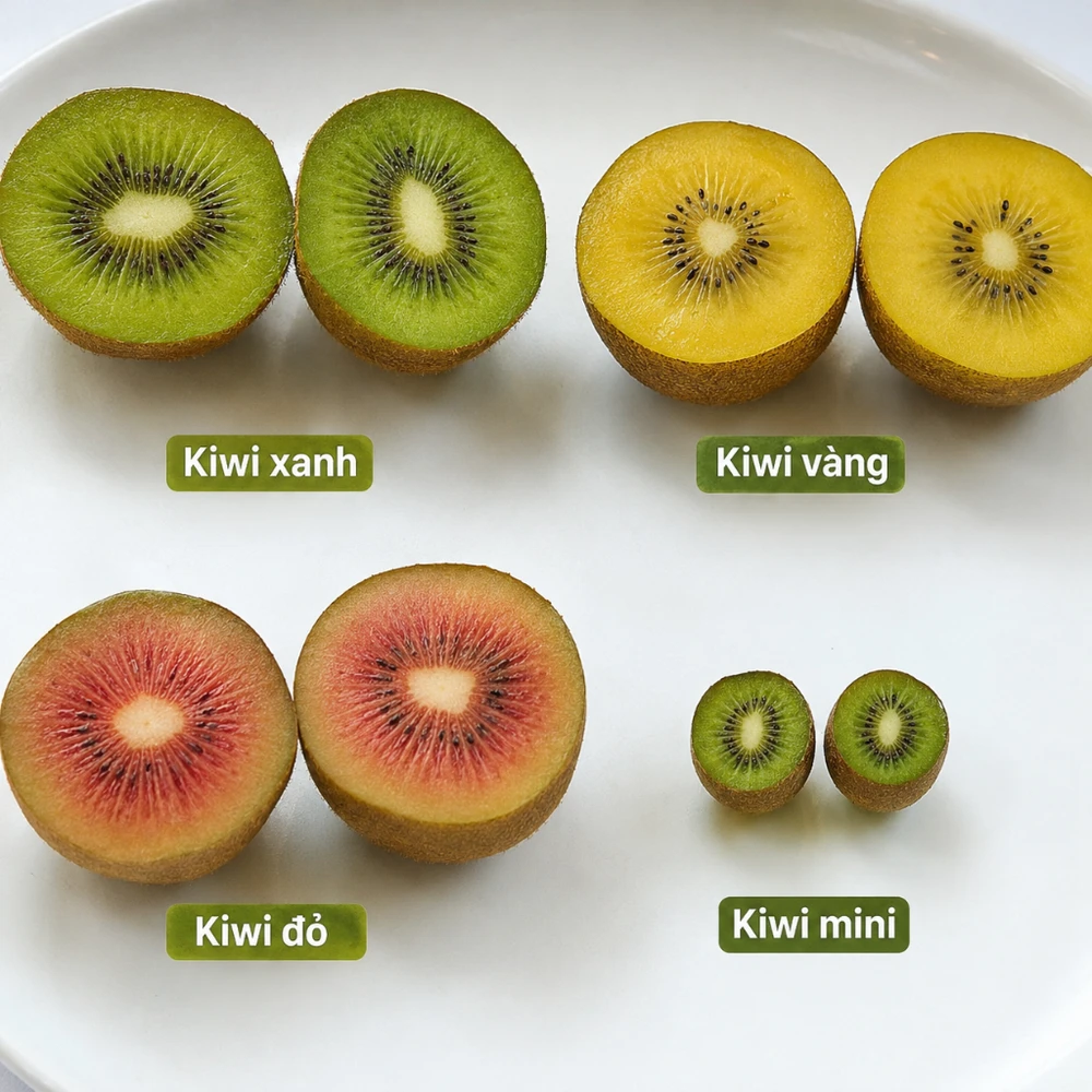 Hình ảnh so sánh các loại kiwi khi được cắt đôi để thấy rõ hương vị và kết cấu.