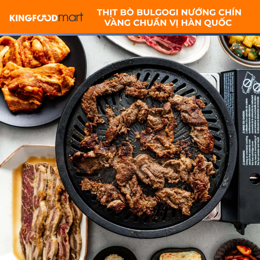 Thịt bò bulgogi nướng chín vàng đẹp trên chảo gang tại nhà chuẩn vị thịt bò nướng Hàn Quốc ngon nhất.