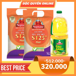Combo 2 gạo Neptune dẻo đặc biệt ST25+ túi 5kg và dầu đậu nành Meizan 2L