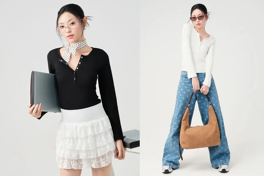 Áo Thun Tay Dài Phối Nẹp Cổ Ribbon Cho Phong Cách Casual Nữ Tính