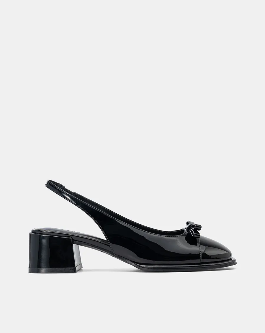 Giày Cao Gót Slingback Mũi Tròn Phối Nơ Pu