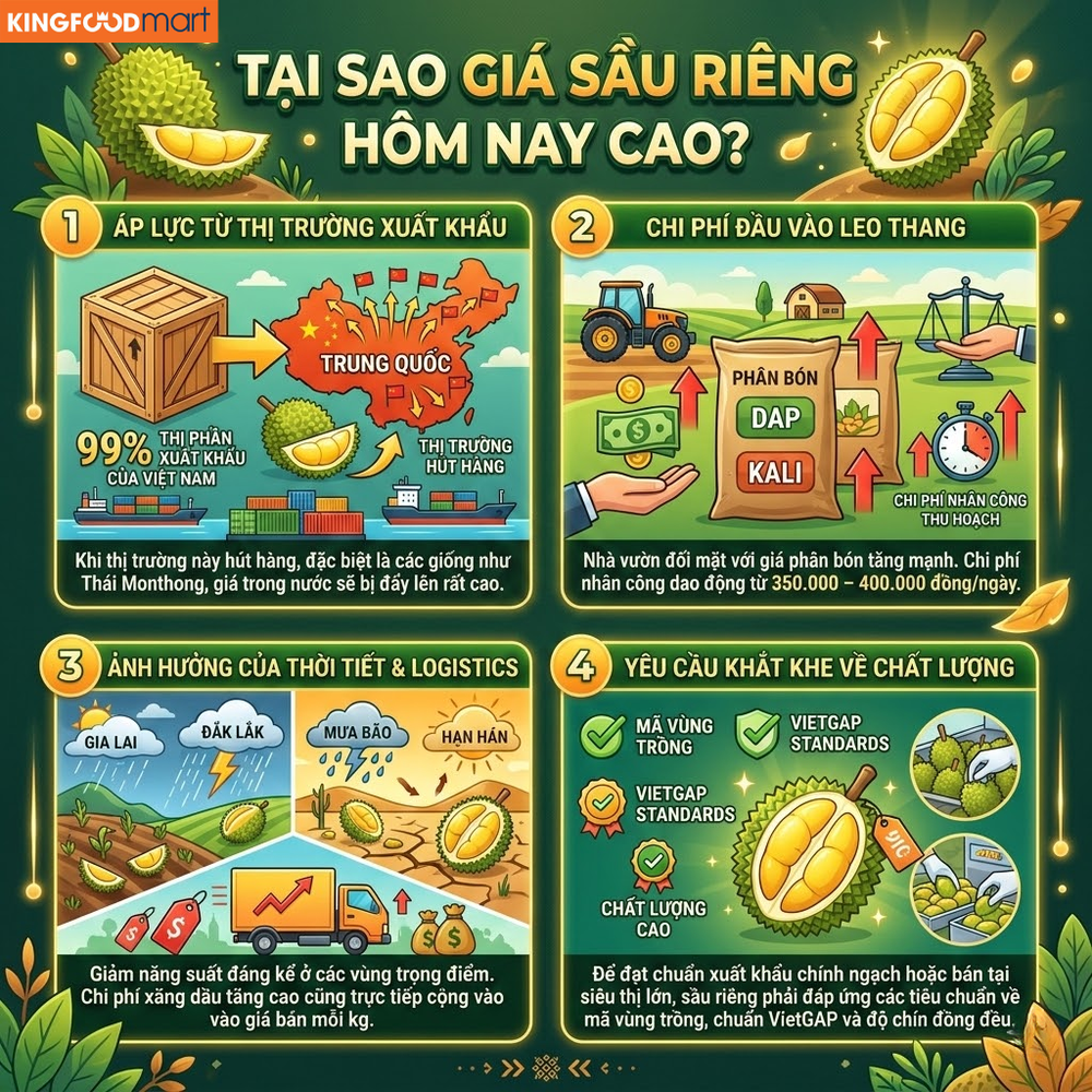 Nhu cầu xuất khẩu tăng cao và chi phí logistics là những yếu tố chính giữ giá sầu riêng ở mức ổn định tại các vùng trọng điểm.